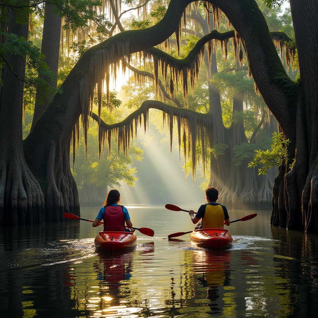 Couple kayaking through the serene waters of a Louisiana bayou