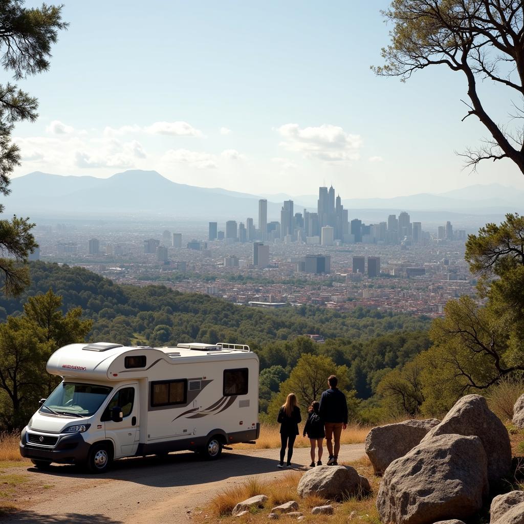 Couple standing before a stunning panoramic view of Madrid with their mobil home parked nearby