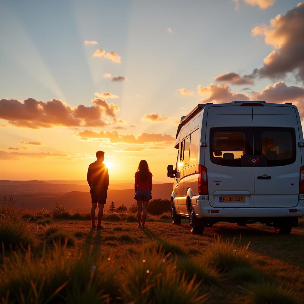  Couple enjoying the view from their motorhome during a road trip in Spain 