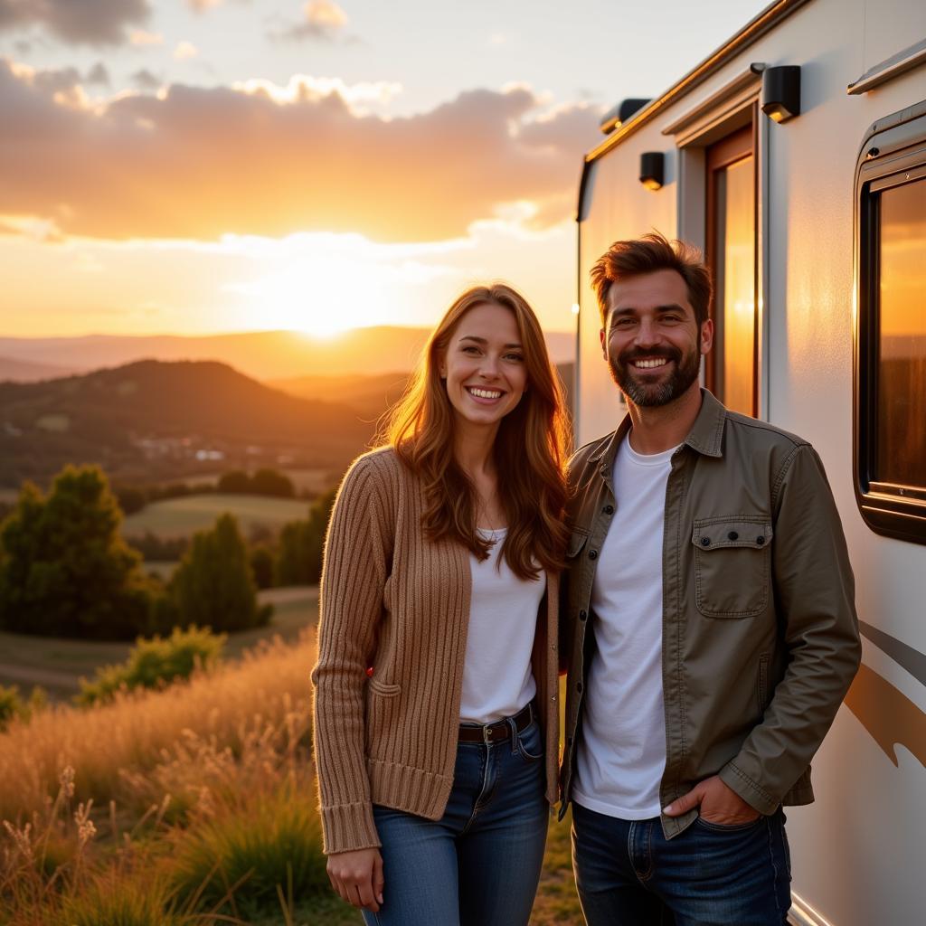 Couple enjoying scenic view from their mobile home in Spain