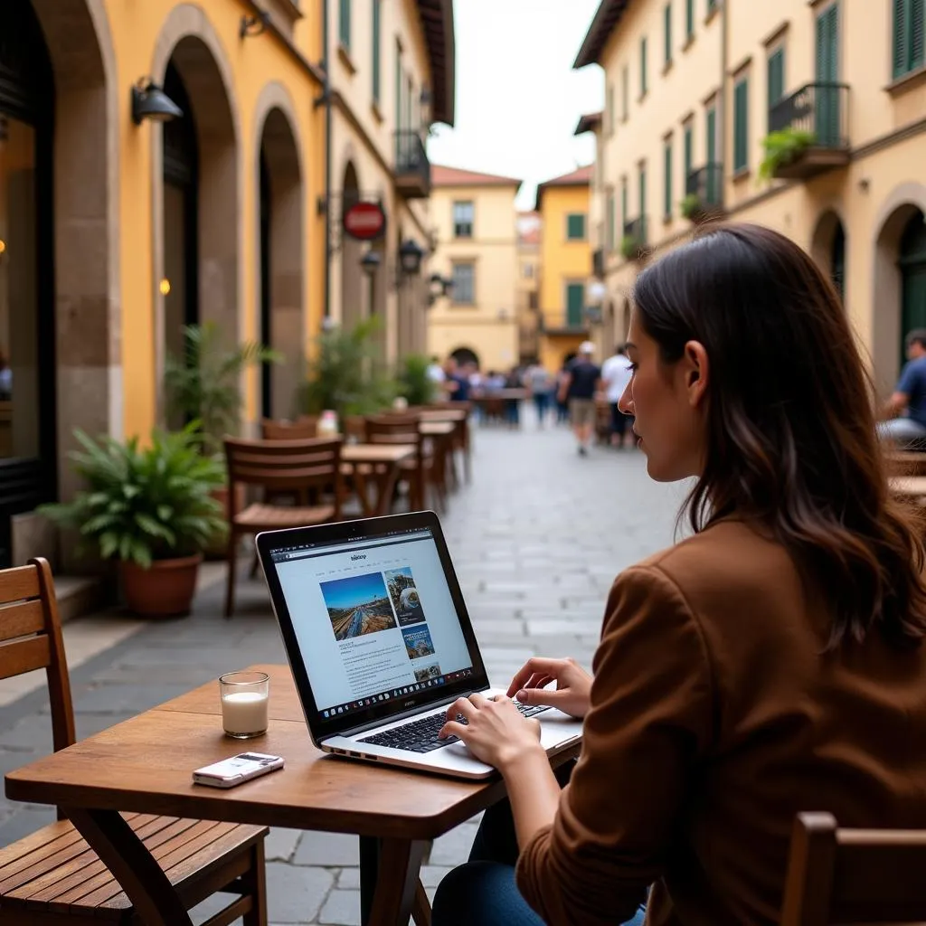 A person using a laptop while sitting at a cafe in Spain