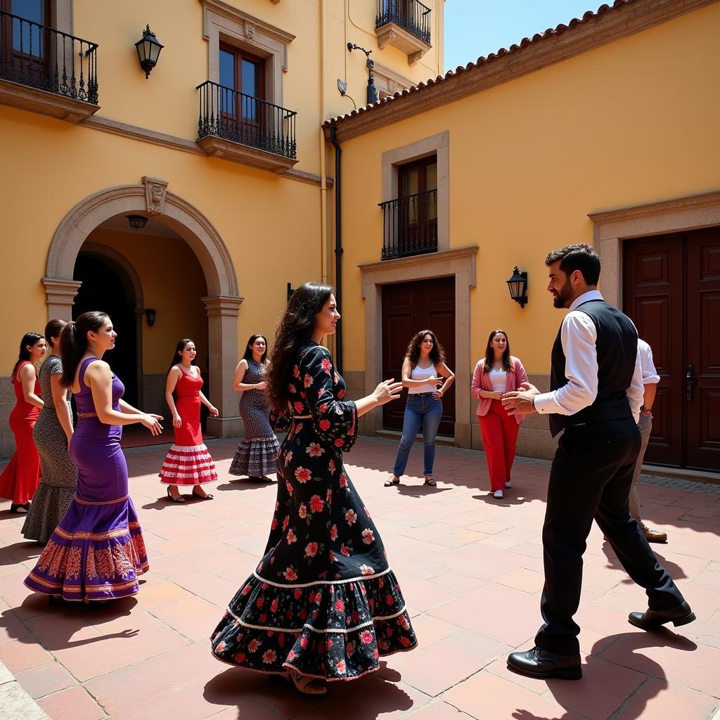 Tourists learning flamenco dancing in Seville