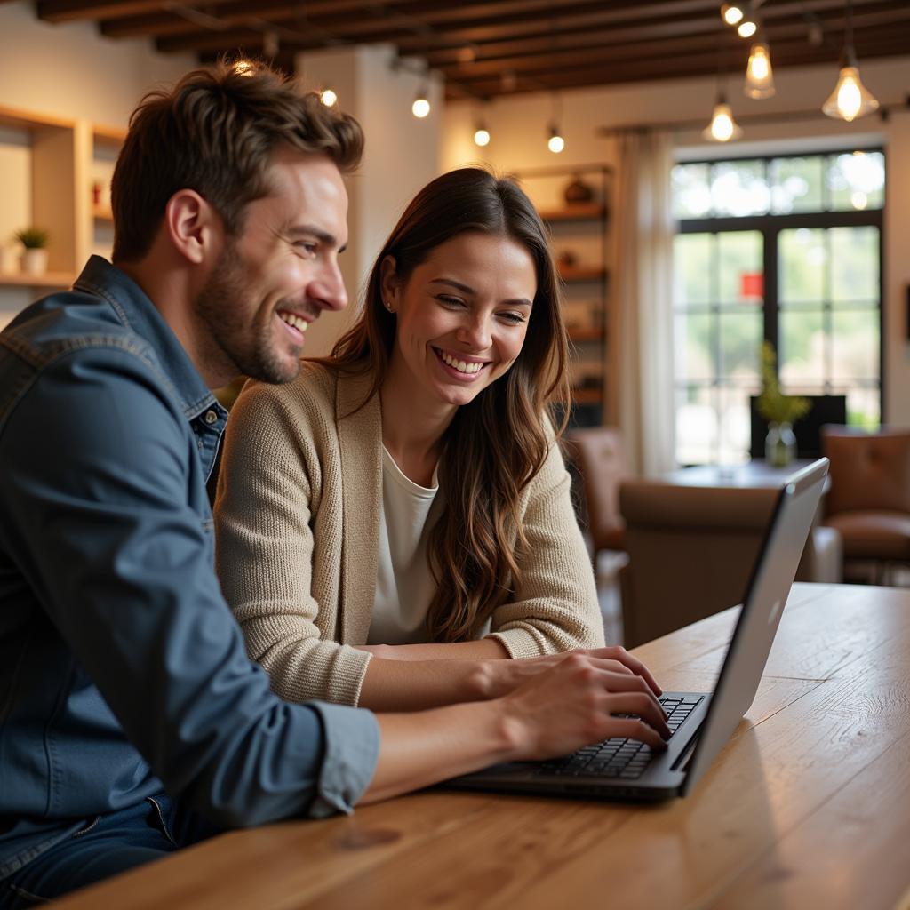 A couple exploring a Spanish furniture store, looking for a kave home escritorio