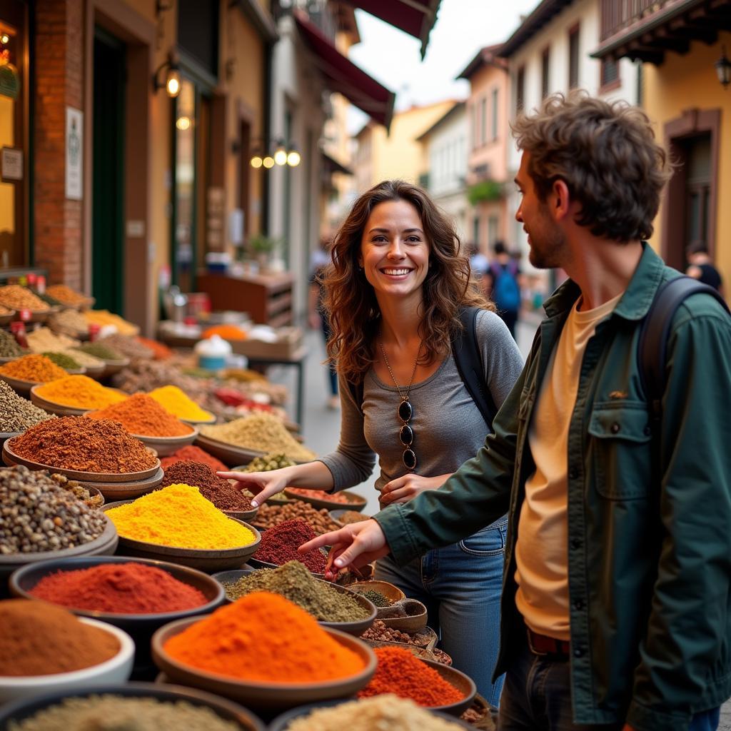 Exploring a bustling Spanish market with a knowledgeable local guide