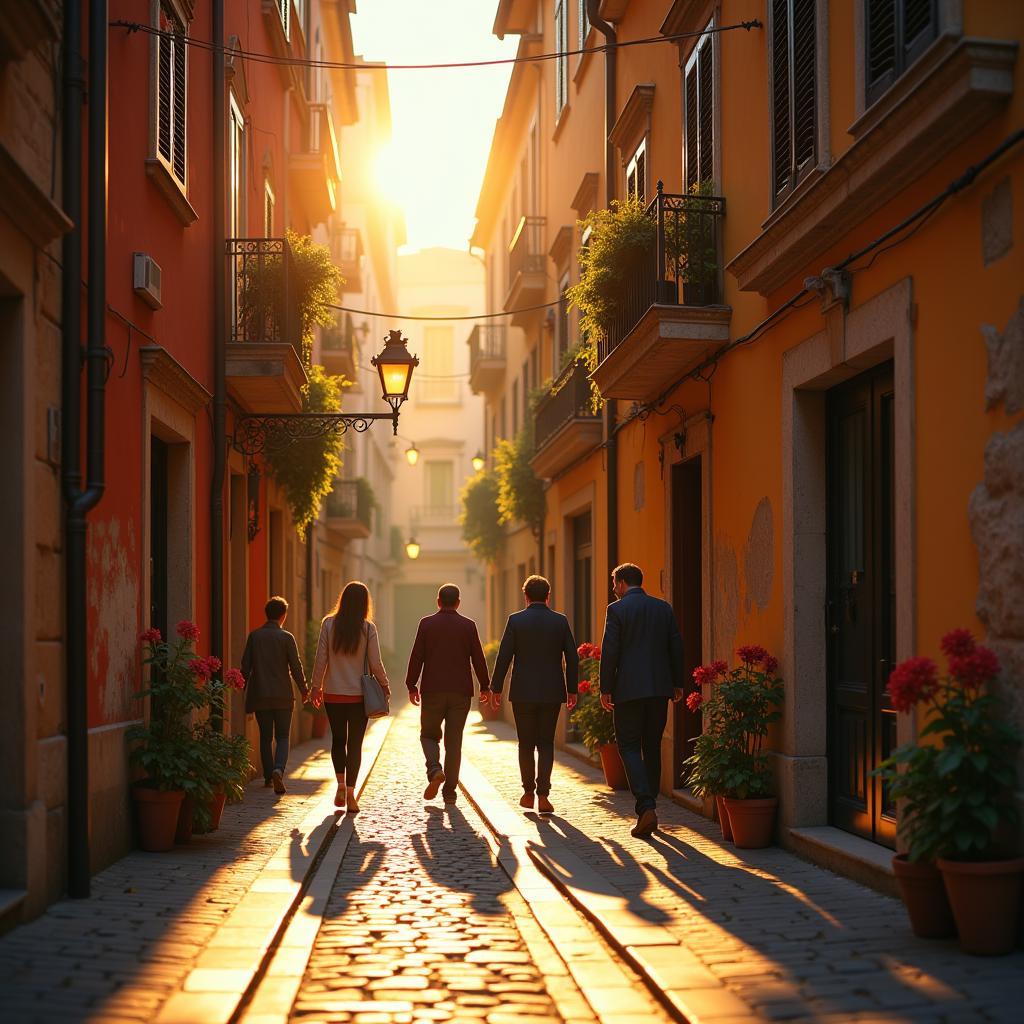 Tourists exploring a charming Spanish town with their local host