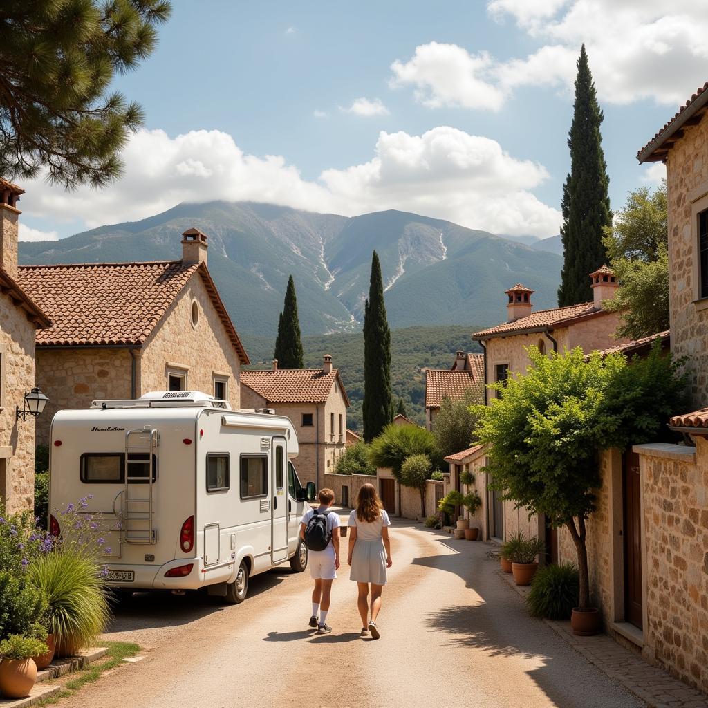 A couple standing outside their mobil home, admiring a quaint Spanish village.