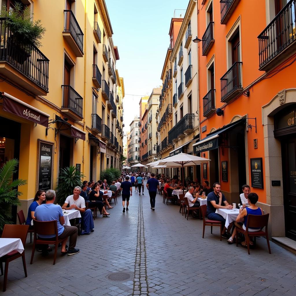 A lively street scene in Valencia, Spain, with people enjoying outdoor dining and vibrant shops.