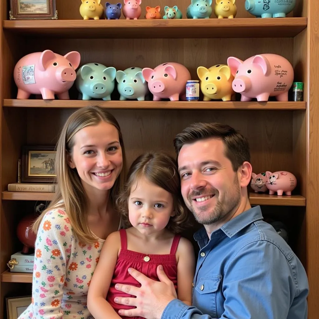 A family admiring their collection of huchas infantiles