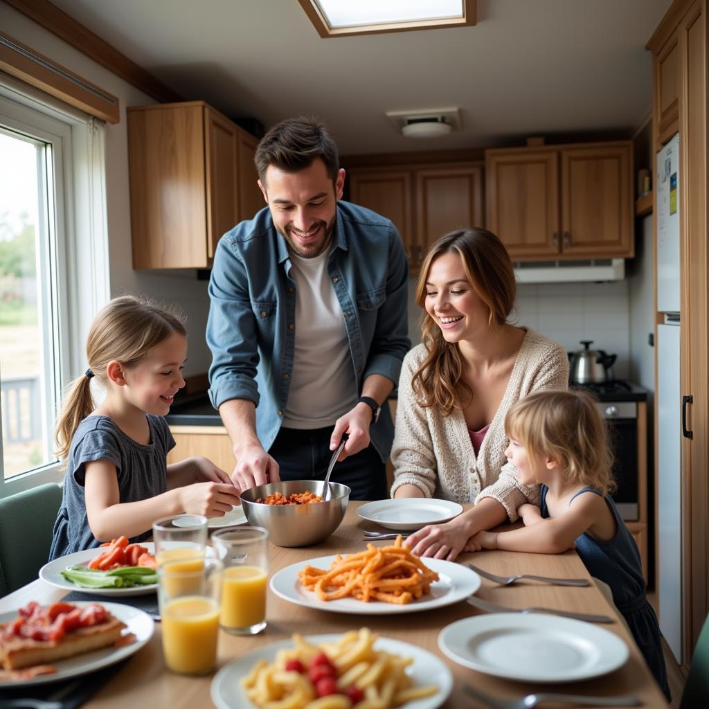 Family Prepares Dinner in their Mobil Home Kitchen