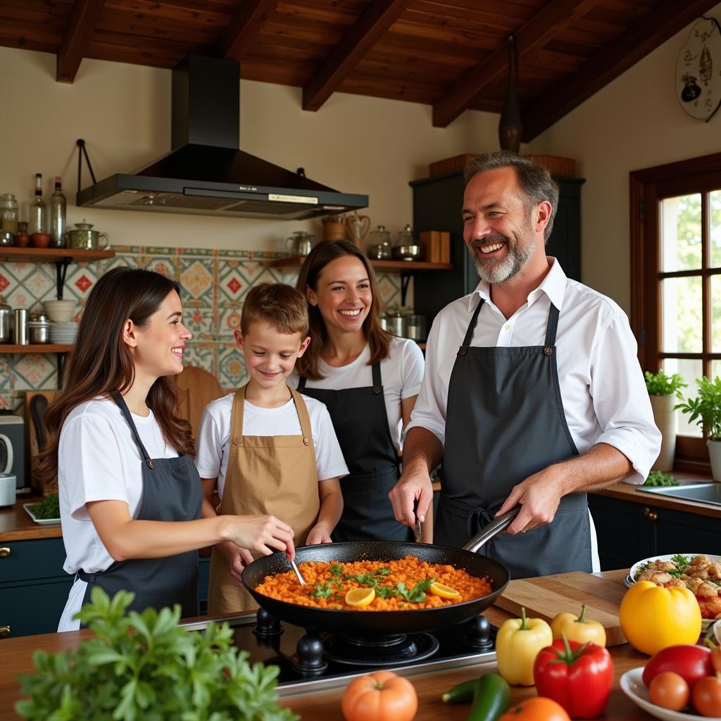 Family preparing paella in a traditional Spanish kitchen