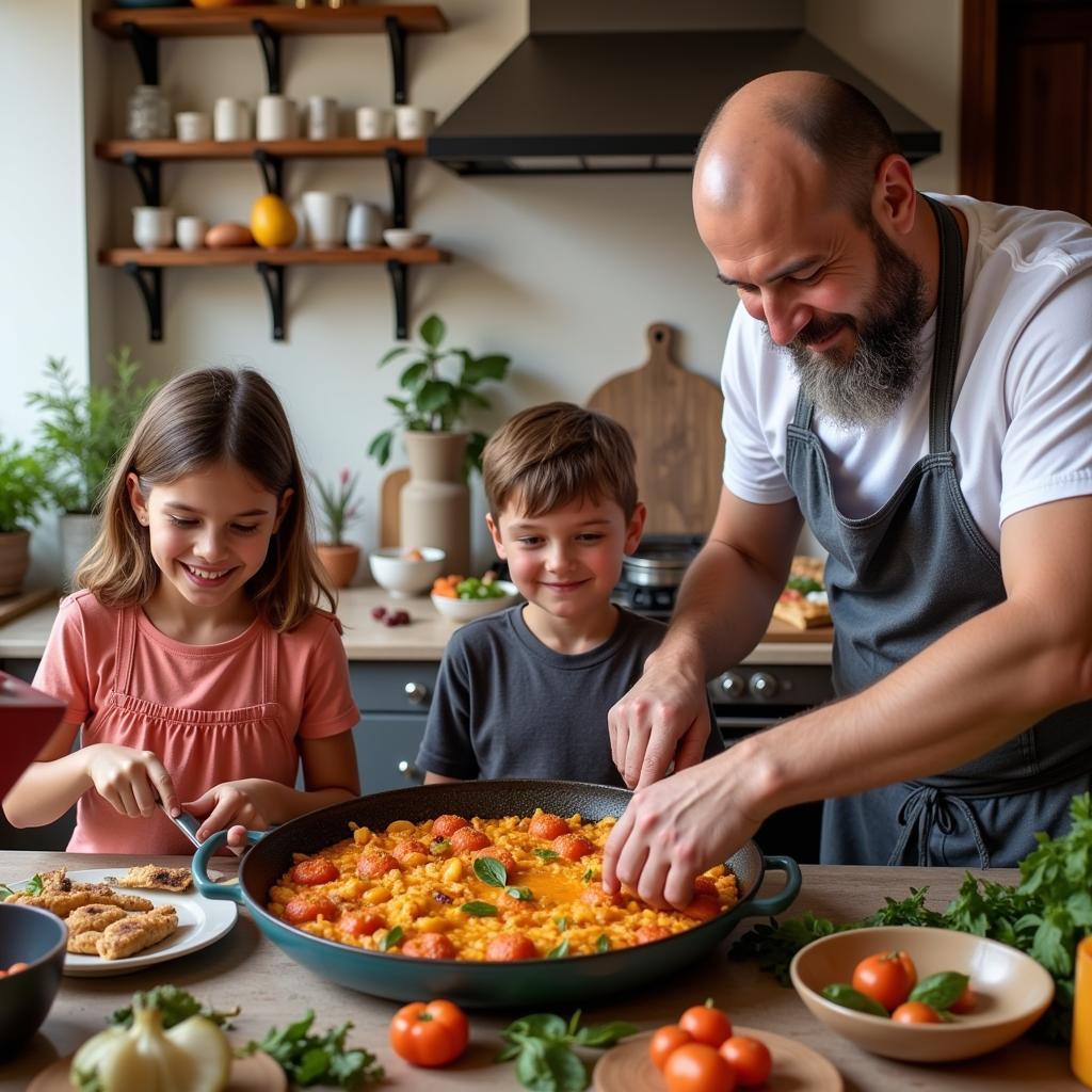 Family enjoying a Paella Cooking Class in Spain