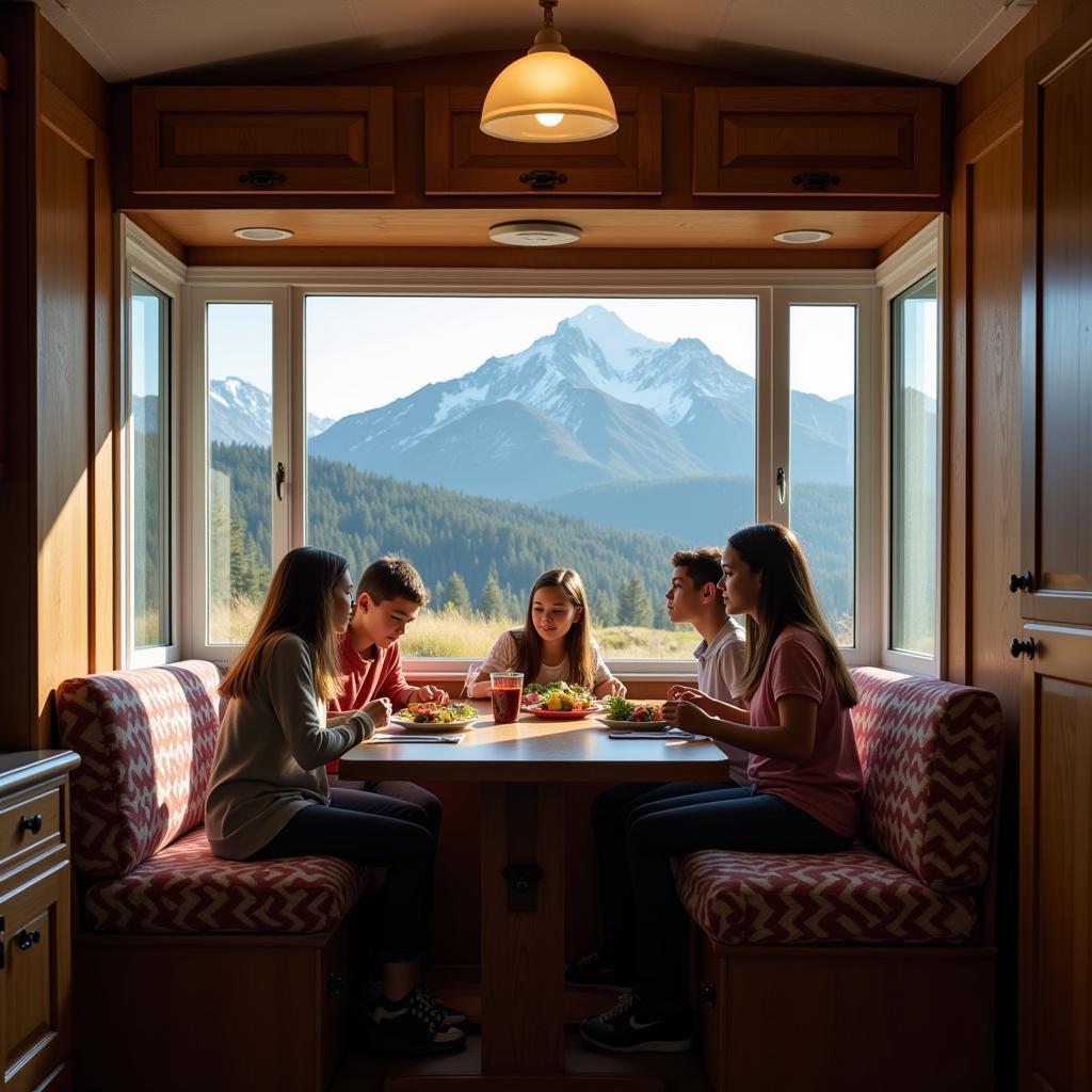 Family Dining in a Mobile Home with a Mountain View