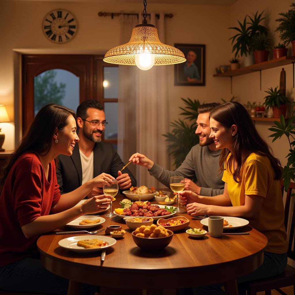 Family enjoying a kebab dinner in their Spanish home