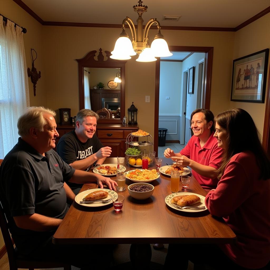 A family enjoys a delicious meal together in their mobile home in Louisiana 