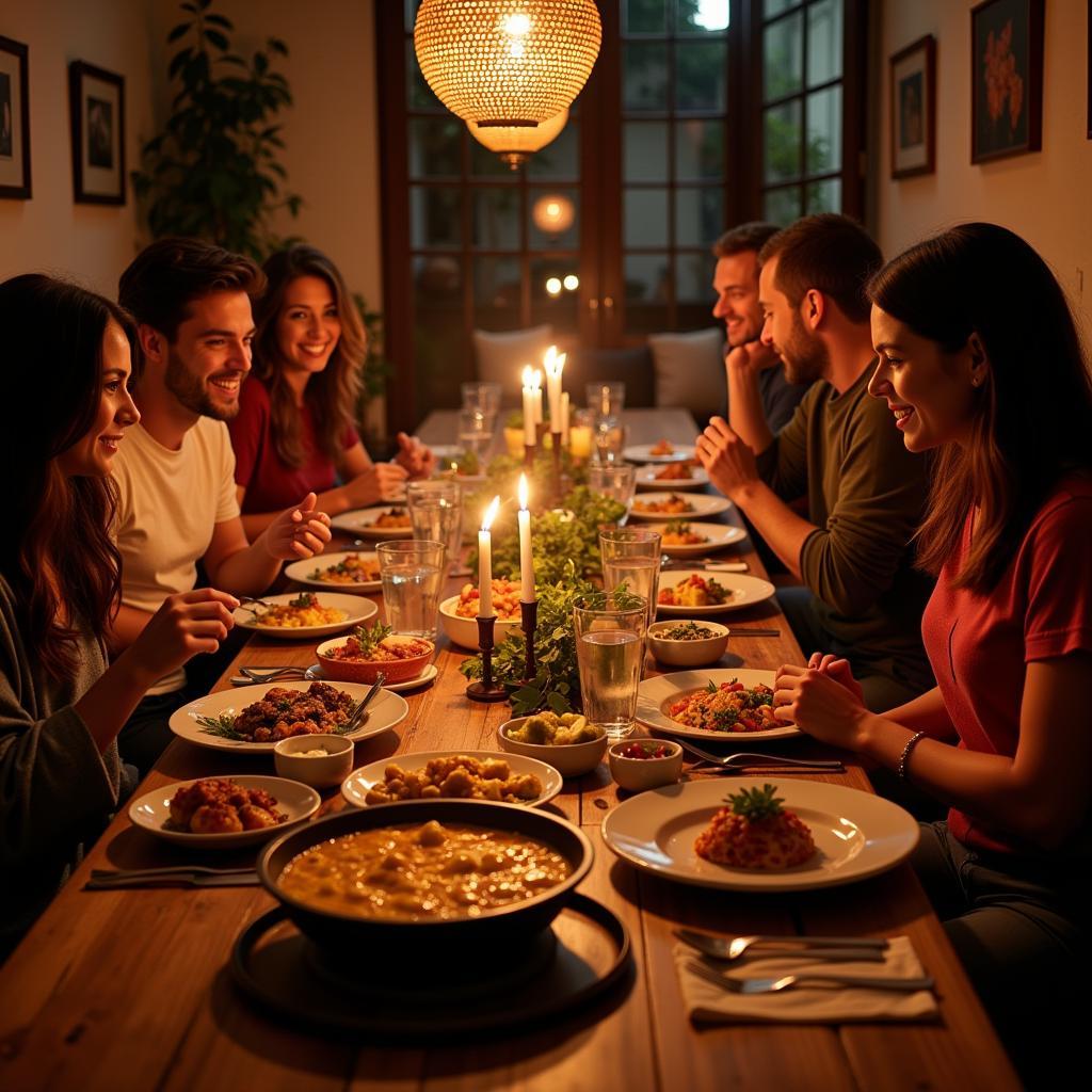 Enjoying a traditional Spanish dinner with a host family