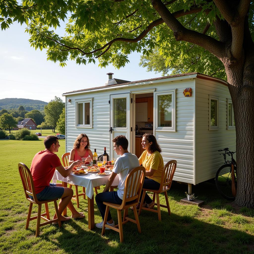 A family enjoys a meal outside their mobil home, surrounded by the lush greenery of the Galician countryside.