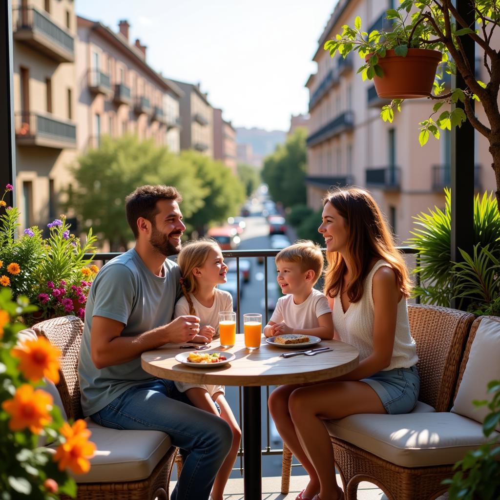 A family enjoying the view from their Barcelona apartment balcony