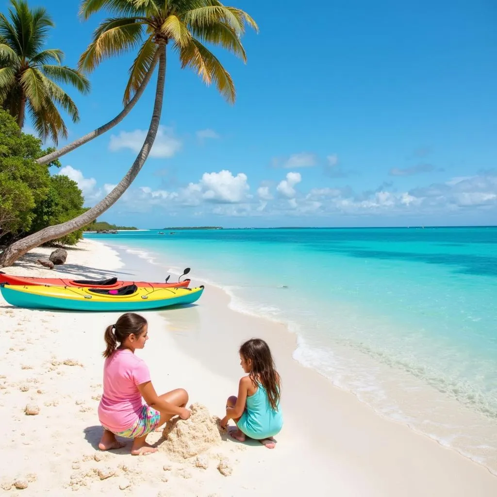 Family enjoying a variety of beach activities in front of their Bahamas vacation rental