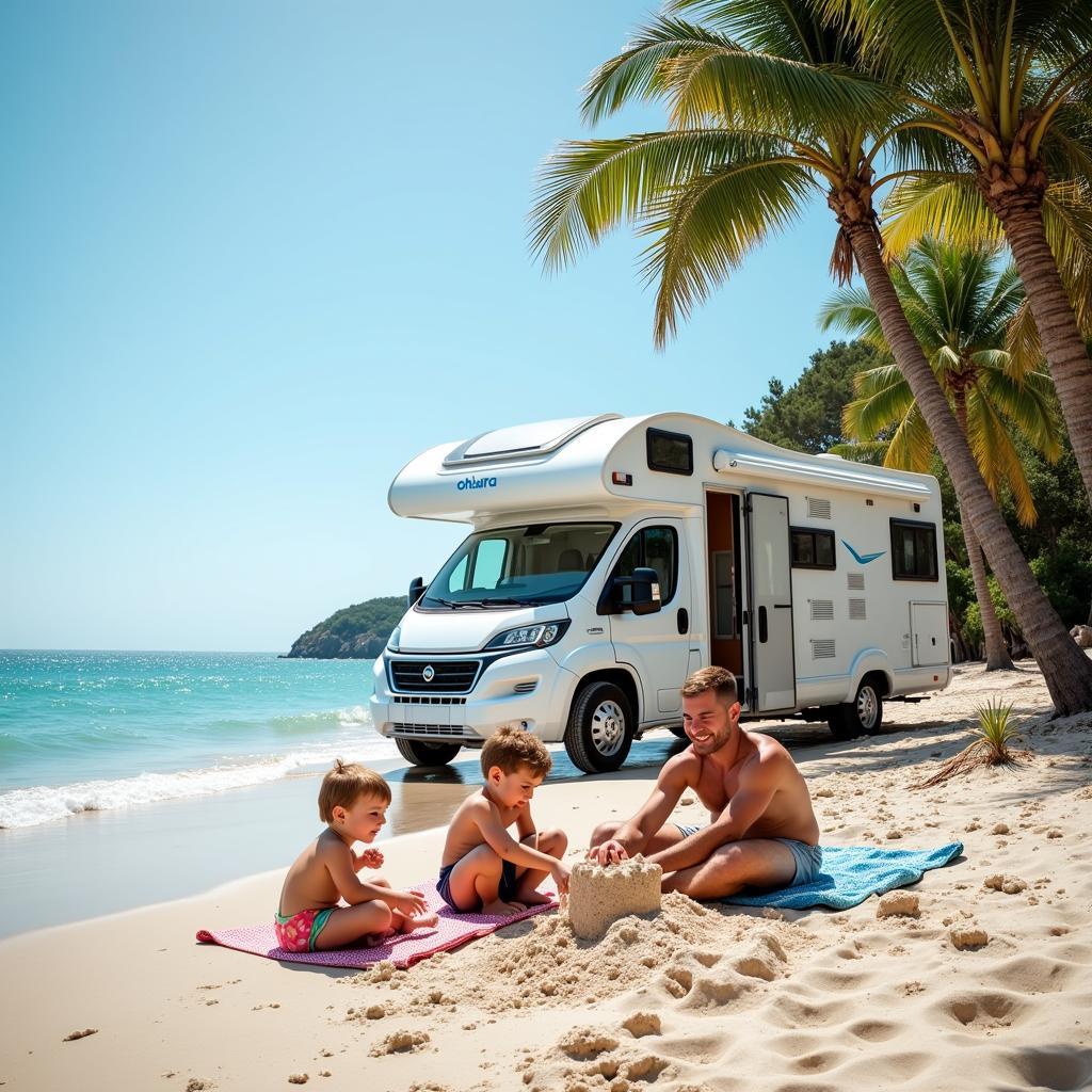 Family enjoying a day at the beach near their mobil home Ohara