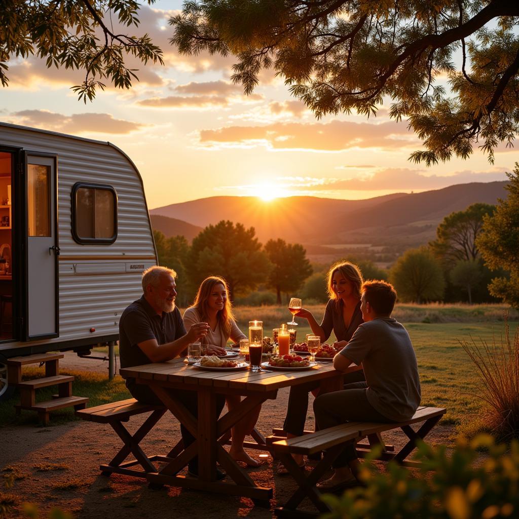 Family Enjoying Dinner on a Mobile Home Patio in Spain