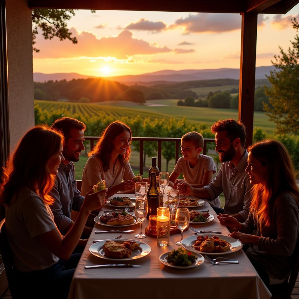 Family having dinner on a mobile home porch with a view