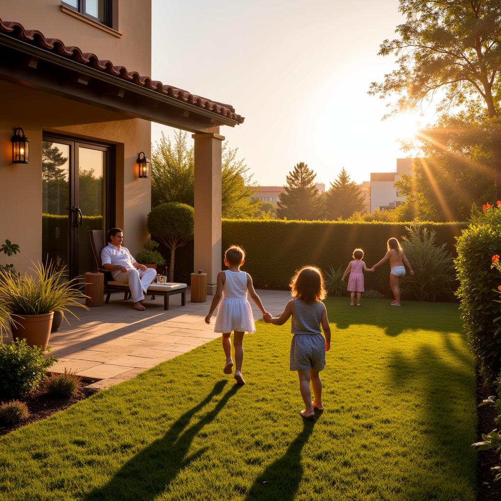 Family playing in the garden of a Spanish living home