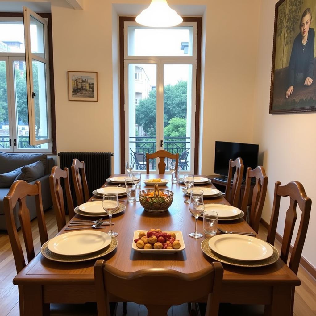 A family shares a traditional paella meal in the comfort of their air-conditioned Barcelona apartment