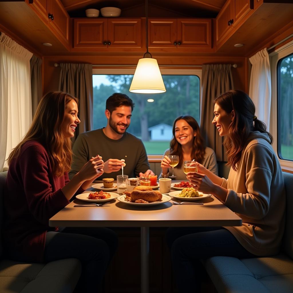 Family enjoying a meal inside their mobile home