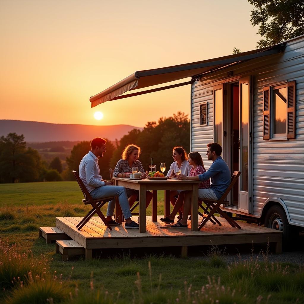 A family enjoying a meal on their mobile home terrace