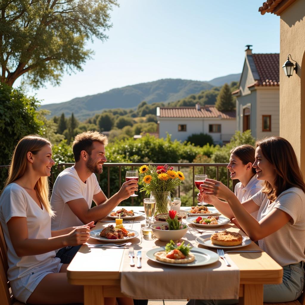 Family Enjoying a Meal on the Terrace of their Modular Home in a Spanish Village