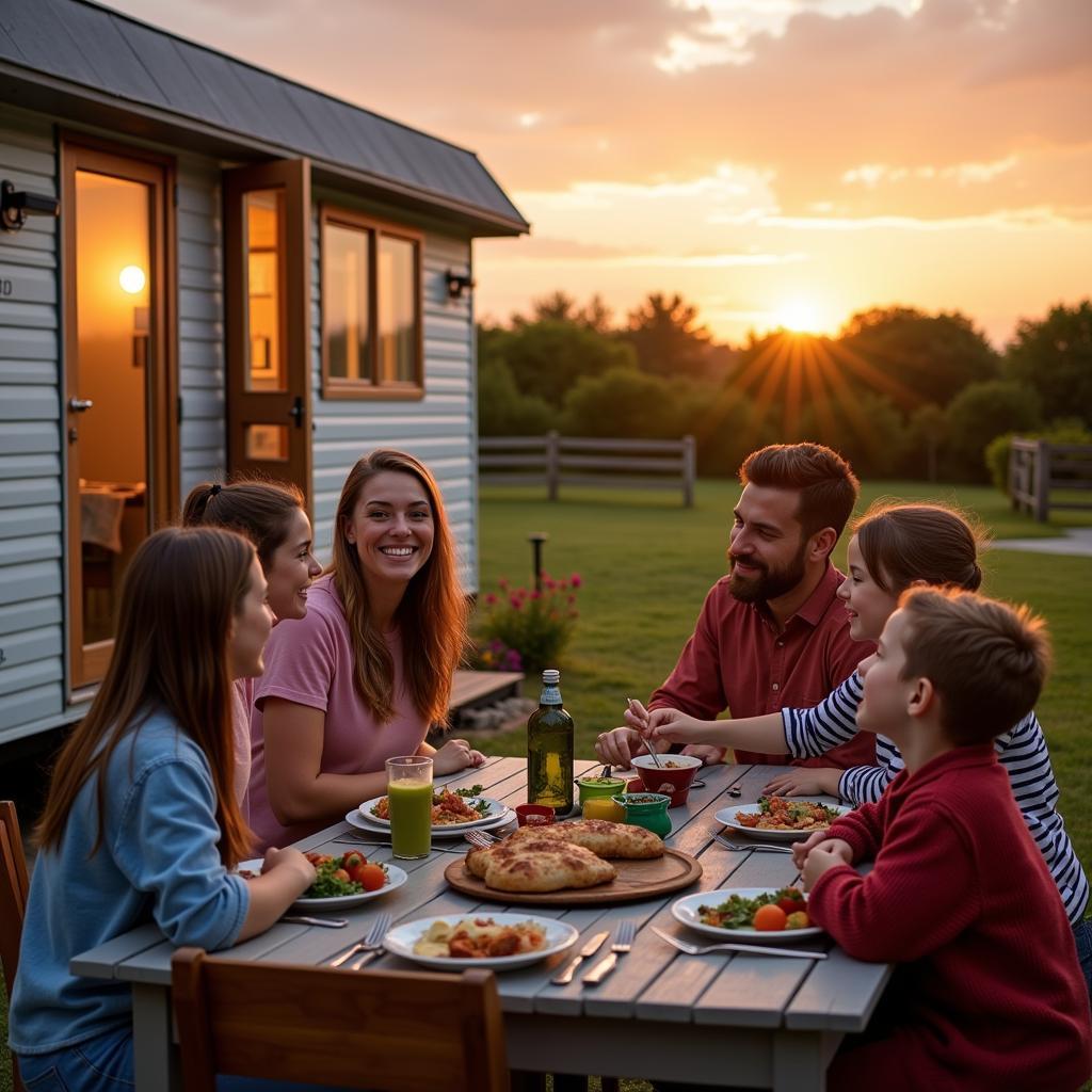 Family enjoying a meal outside their mobile home in Galicia