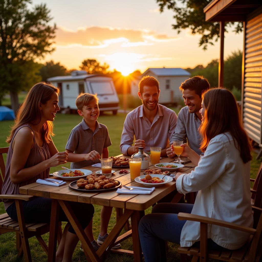 A family enjoying a barbecue outside their mobile home in Spain