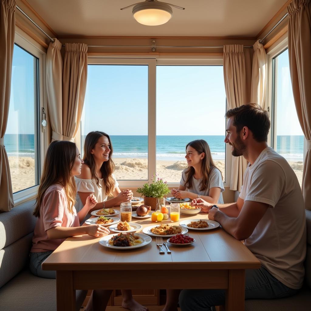 A family shares a meal inside their spacious mobile home, parked by a beach in Spain