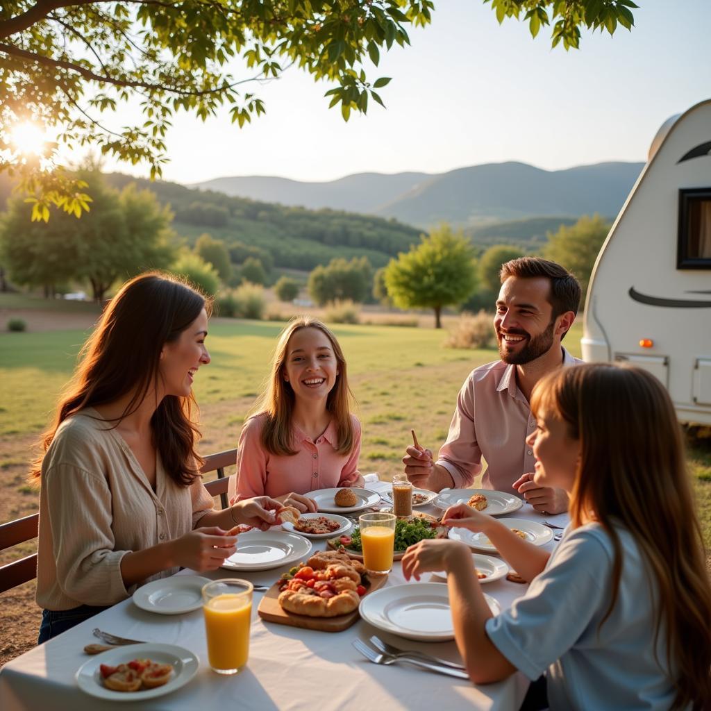 A family enjoying a meal together outside their mobile home at a campsite near Madrid