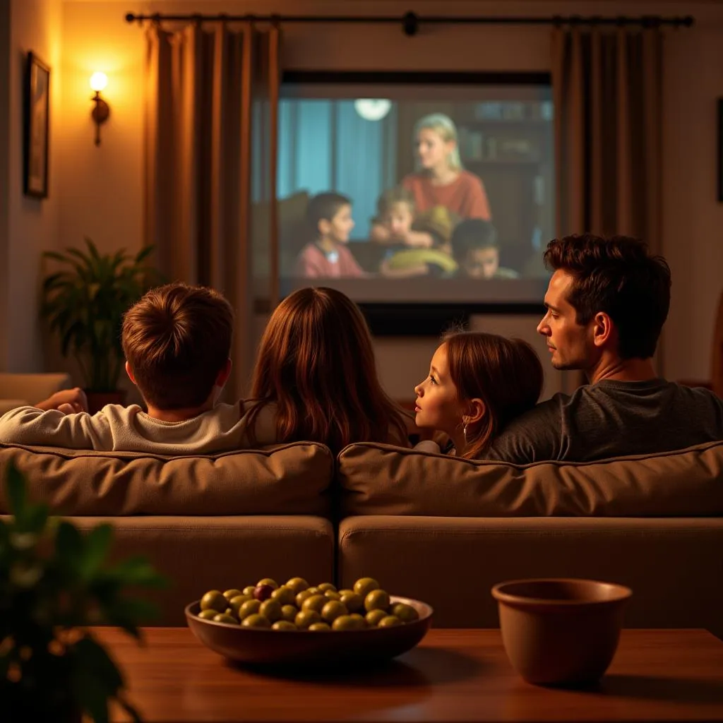 Family Enjoys Movie Night with Spanish Snacks in a Villa