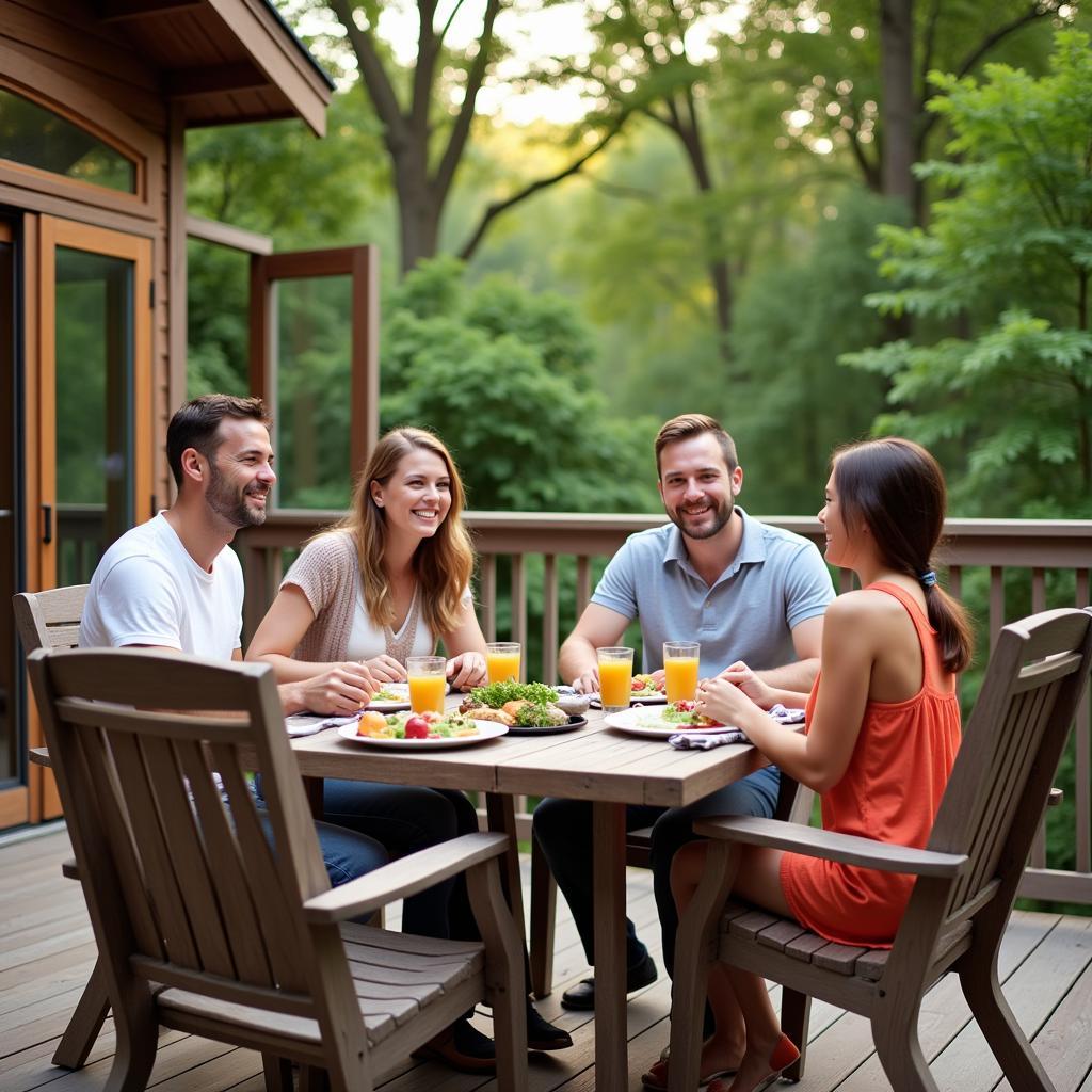 Family enjoying outdoor dining at their 4 bedroom rental