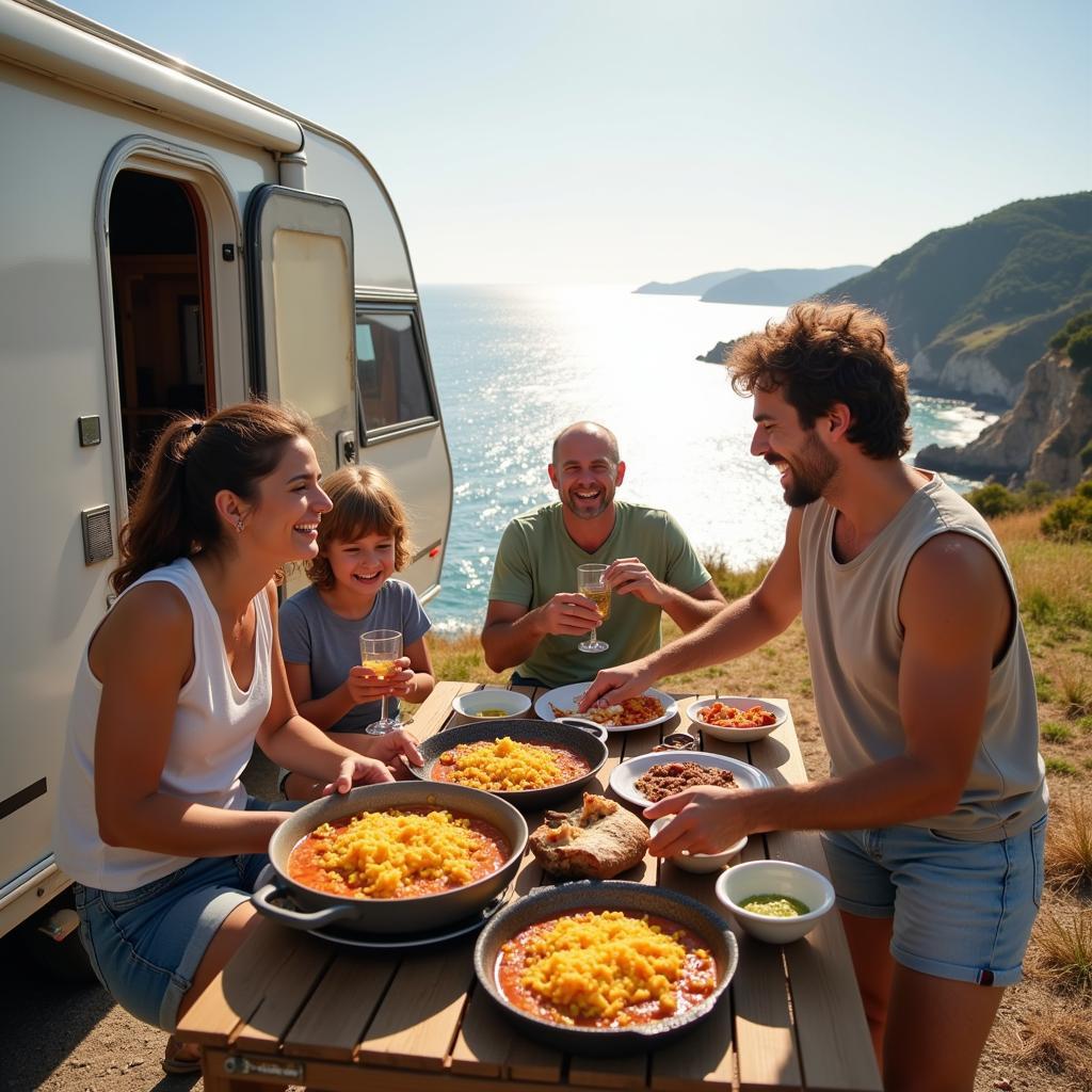 Family sharing paella near their caravan on the Spanish coast