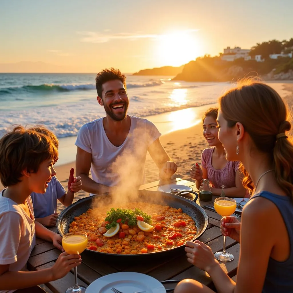 Family enjoying paella by the beach