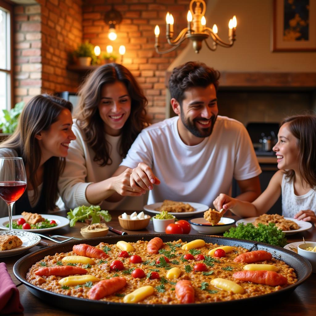 A family gathered around a table enjoying paella