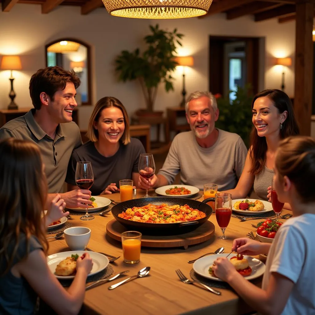 Family gathered around a Kave Home mesa comedor extensible enjoying a traditional paella dinner