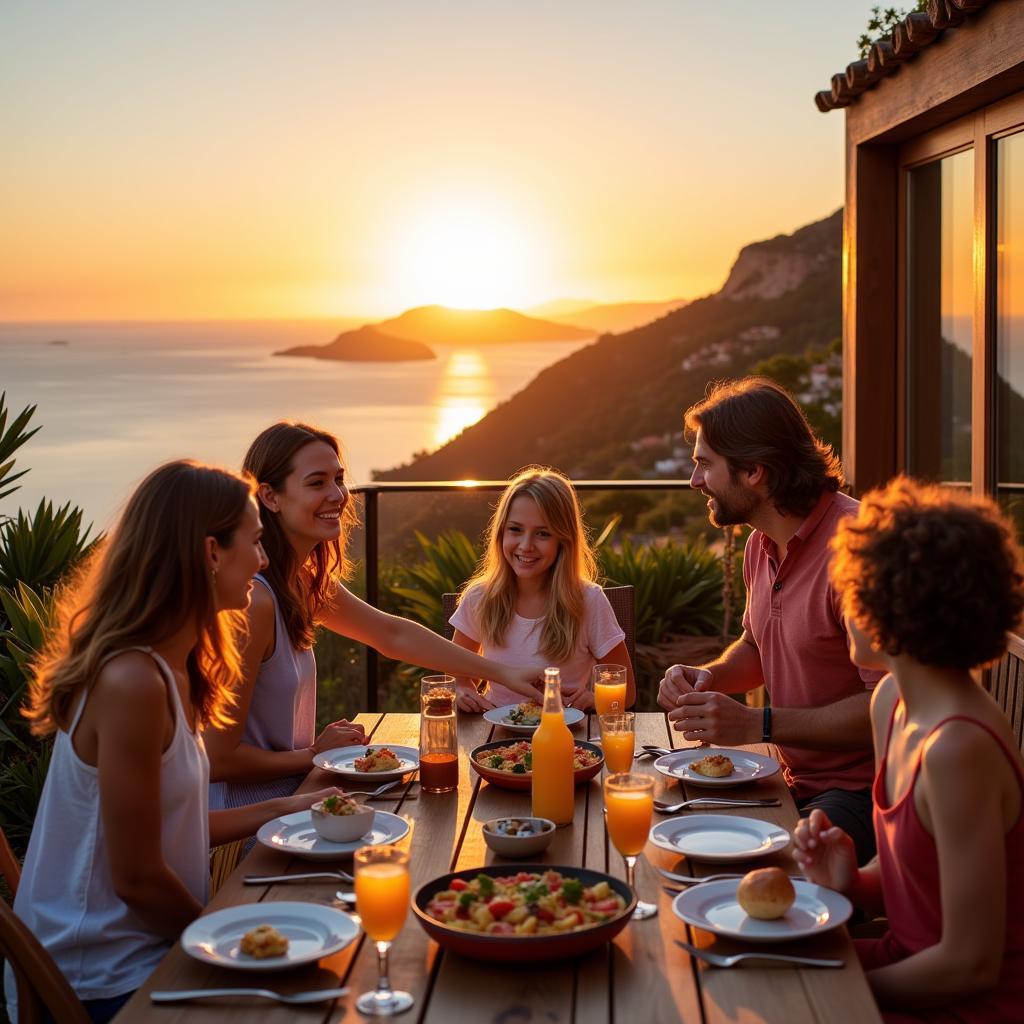 Family Enjoying Paella on a Balcony