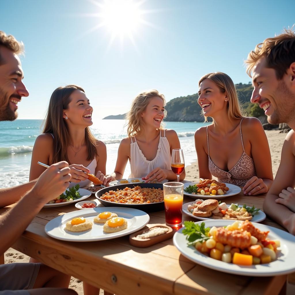 Family Having Paella on Spanish Beach