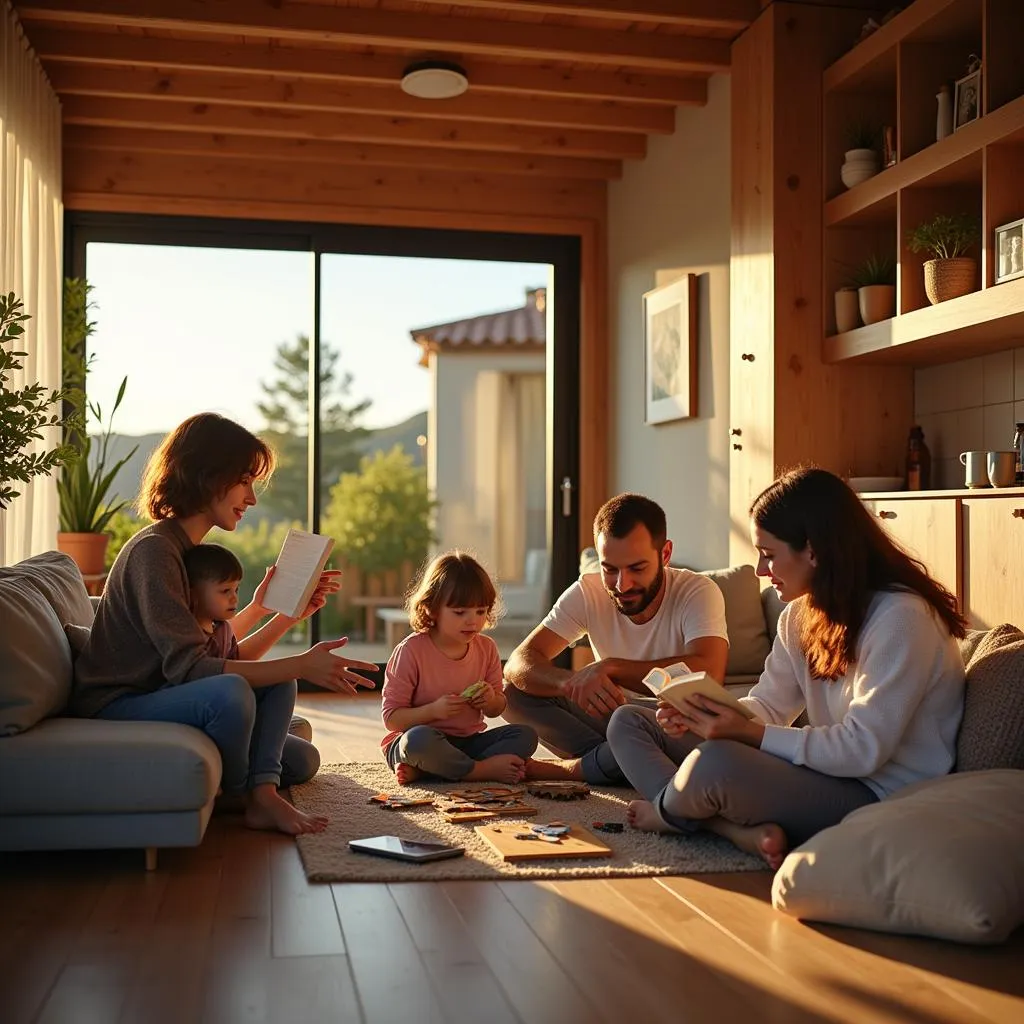 Family enjoying their prefab home in Spain