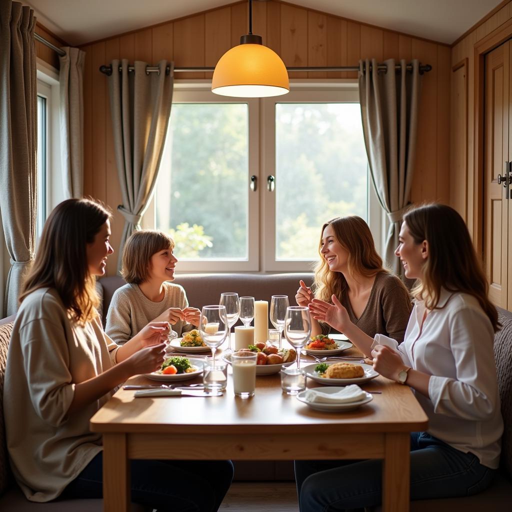 A family enjoying dinner together in their mobile home