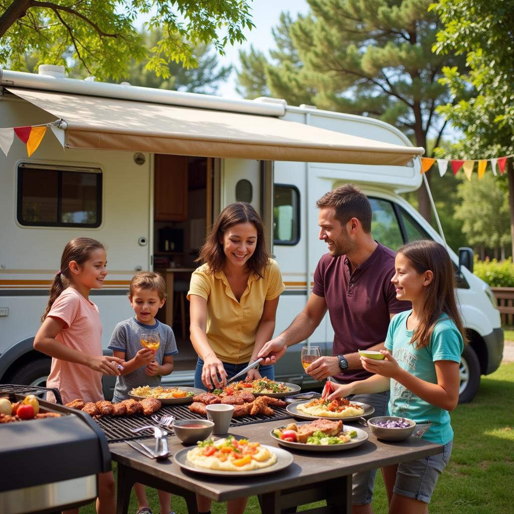 Family preparing barbecue dinner outside their mobile home at a Spanish campsite