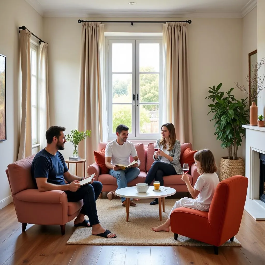 Family relaxing in a Spanish villa living room with a Zara Home children's armchair