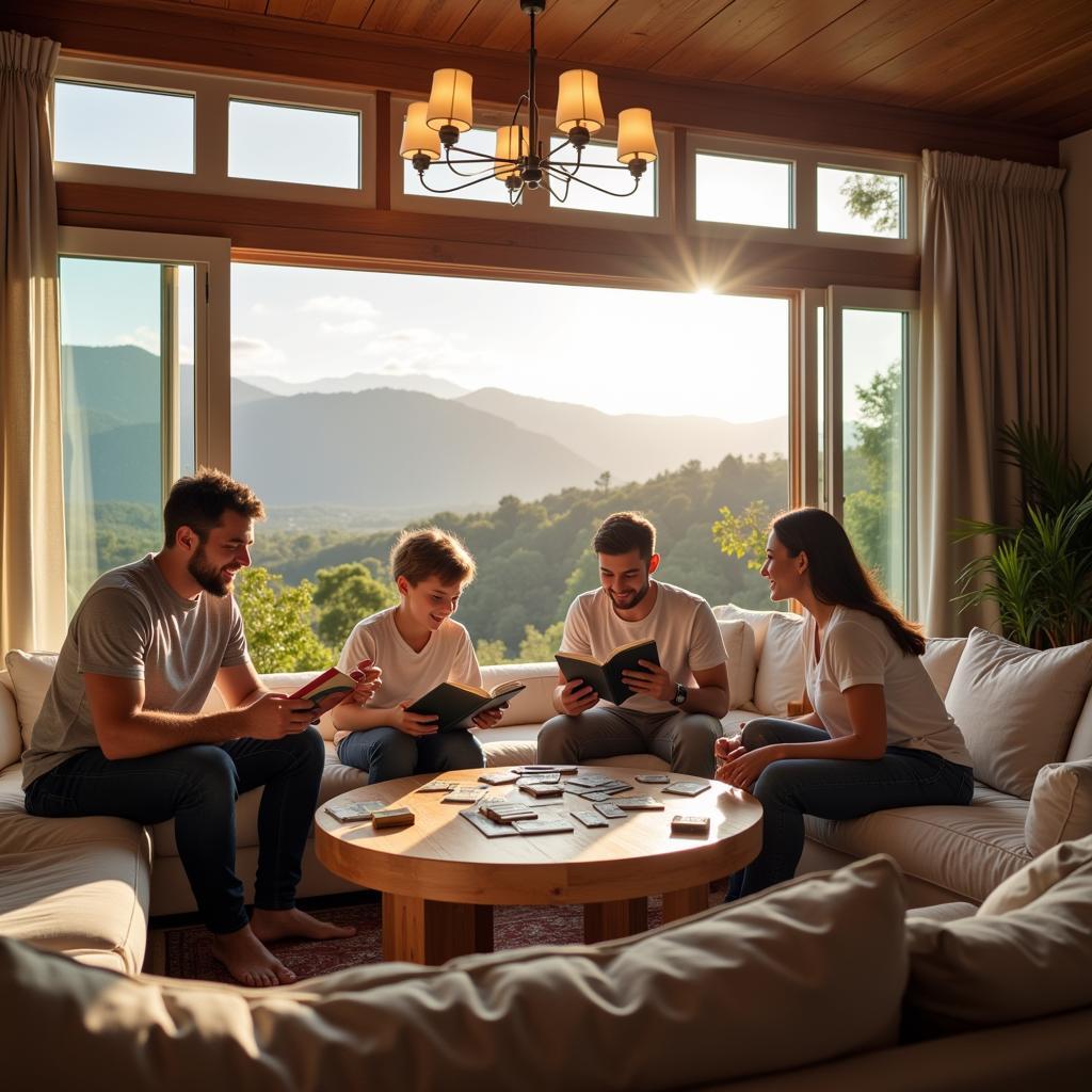 A family enjoys their time in a Spanish villa, feeling secure with their Somfy home alarm system.