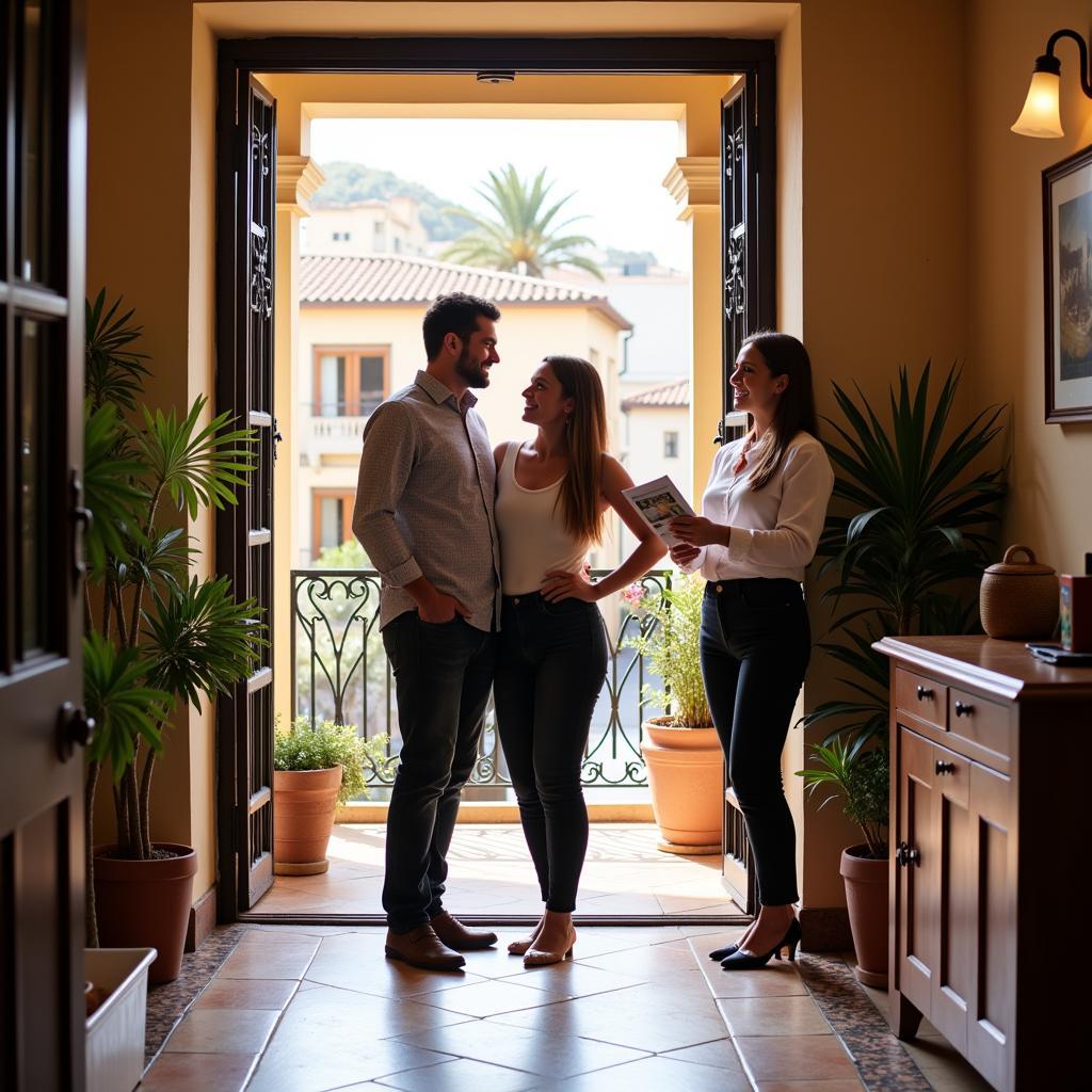 Couple exploring a Spanish apartment with an Urban Home Inmobiliaria agent