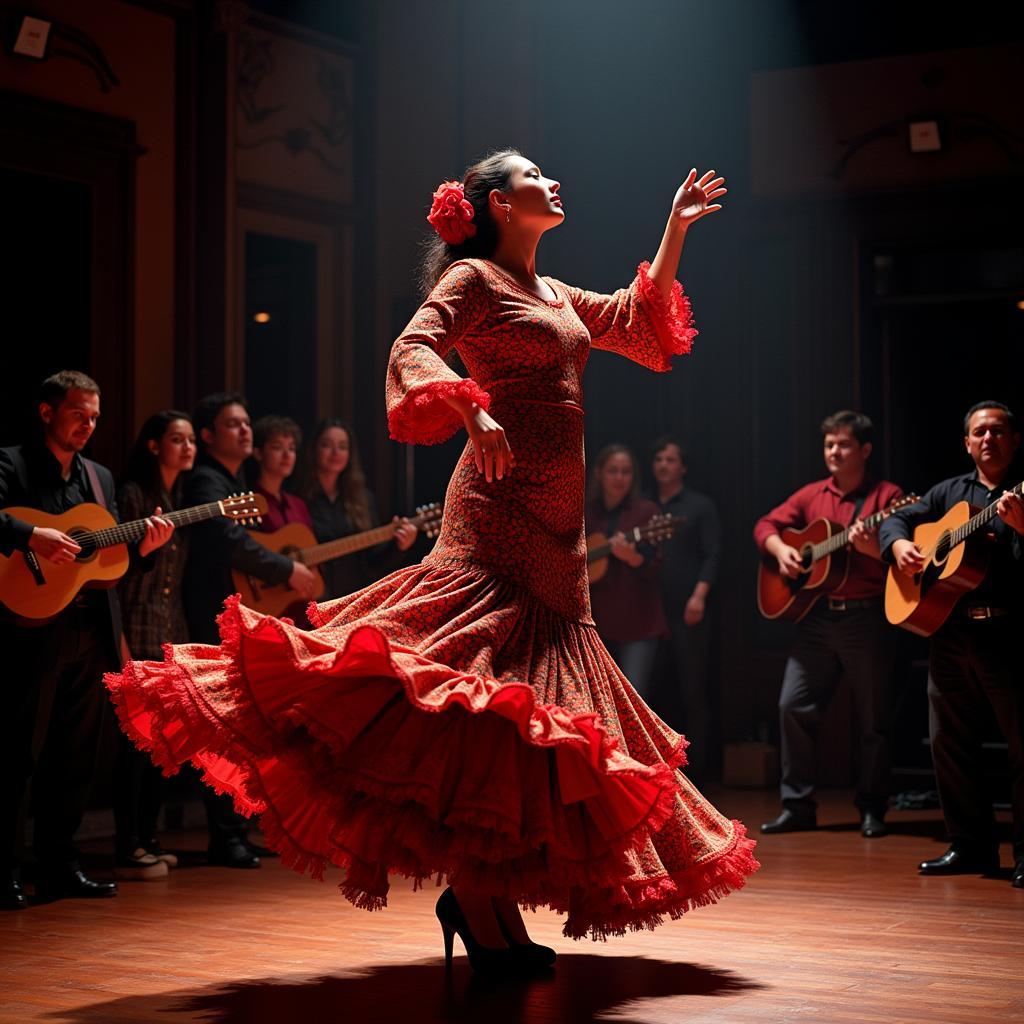 A flamenco dancer performing in a dimly lit room