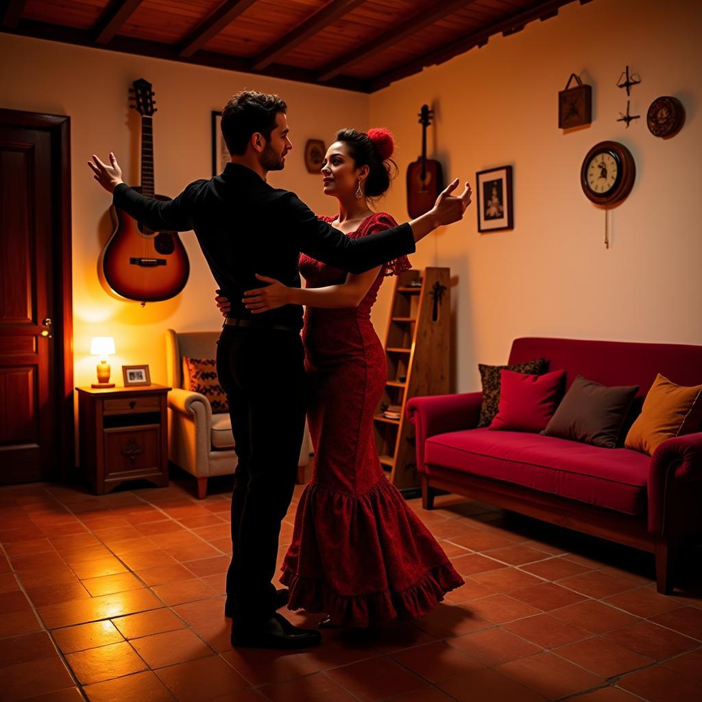 A passionate flamenco dancer in traditional attire performing in an intimate setting near Oqui Kave Home